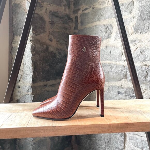 Jimmy Choo Brown Croc Embossed Minori Heeled Booties - Picture 6 of 12